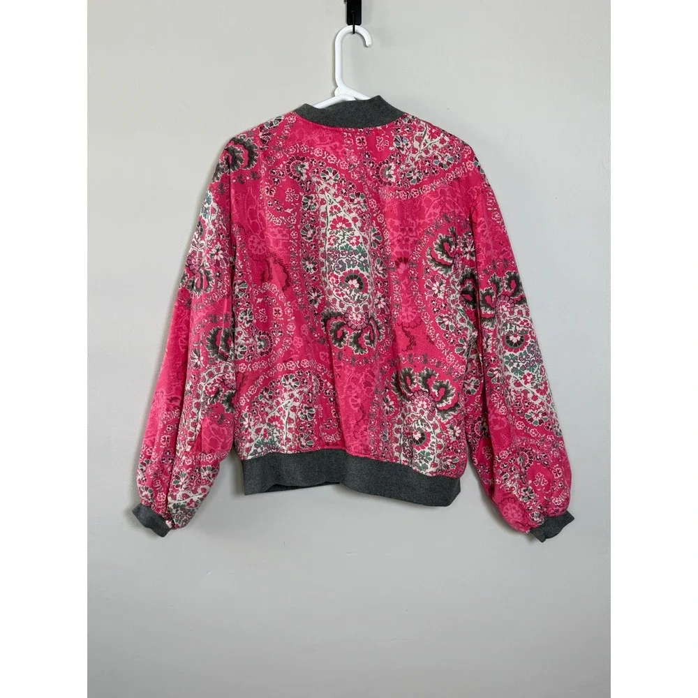 Free People Daytrip Bomber Jacket Sz L Pink Paisley Boho Floral Quilted Zip Up